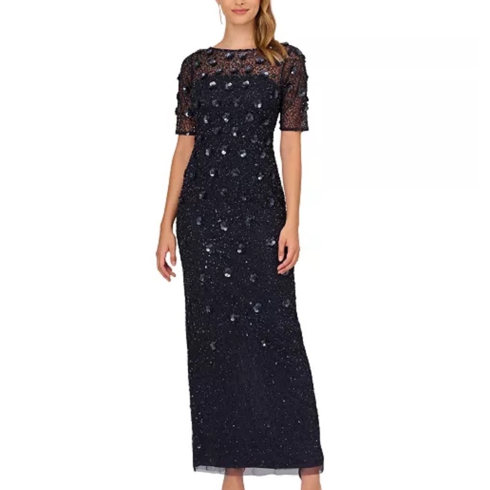 Adrianna Papell Beaded 3D Floral Gown Women 16 Dusty Navy NWT Formal MSRP $299